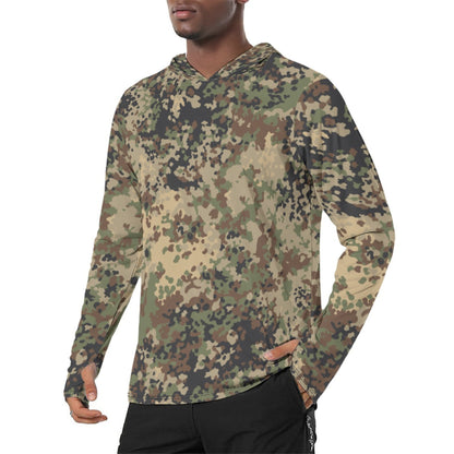 German Flecktarn Multi-terrain CAMO Mens Sunscreen Sports Hoodie With Thumb Holes - S / White