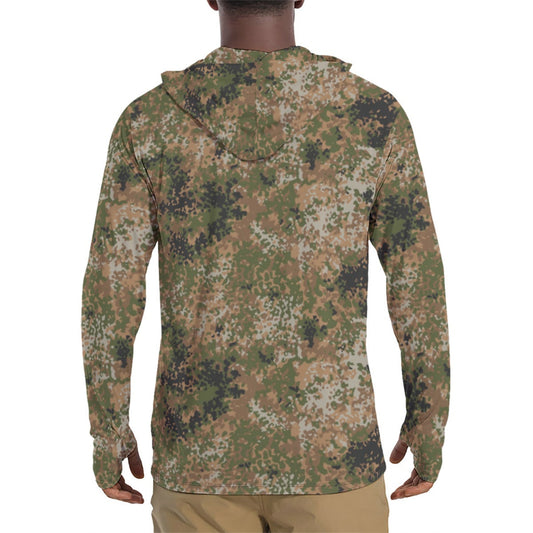 German Flecktarn Multi-terrain CAMO Mens Sunscreen Sports Hoodie With Thumb Holes - S / White
