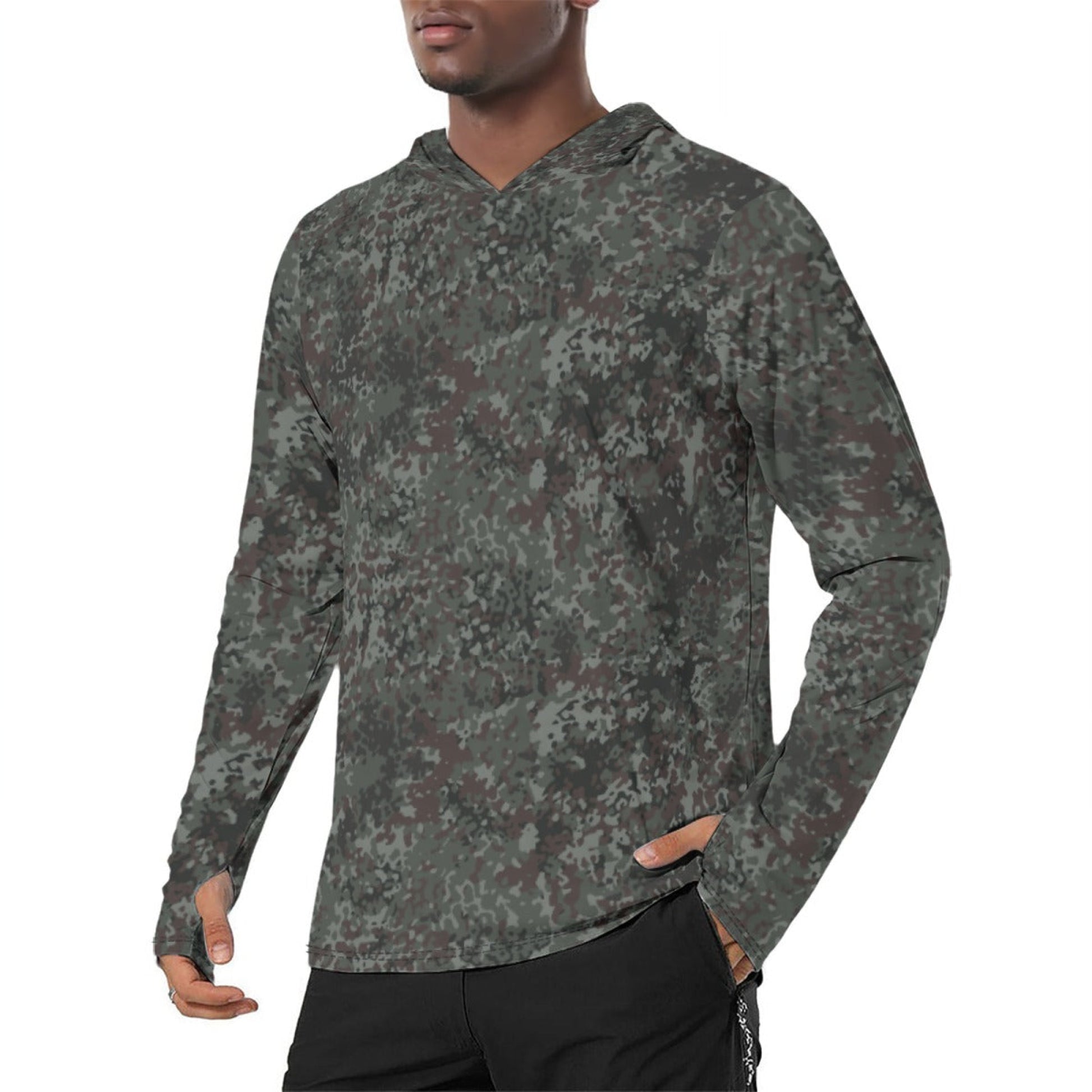 German Flecktarn Night Ops CAMO Mens Sunscreen Sports Hoodie With Thumb Holes - S / White