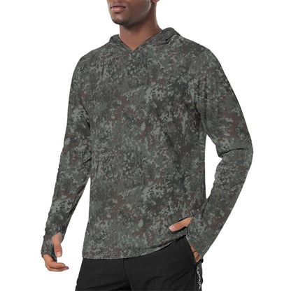 German Flecktarn Night Ops CAMO Mens Sunscreen Sports Hoodie With Thumb Holes - S / White