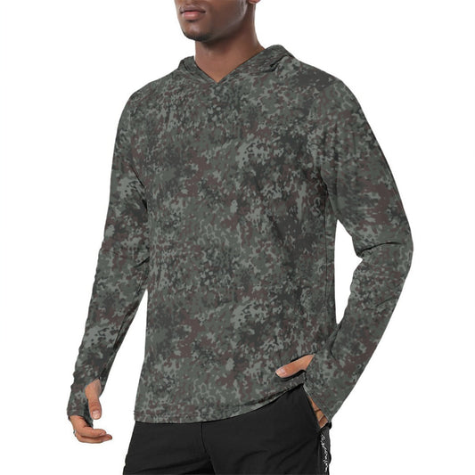 German Flecktarn Night Ops CAMO Mens Sunscreen Sports Hoodie With Thumb Holes - S / White