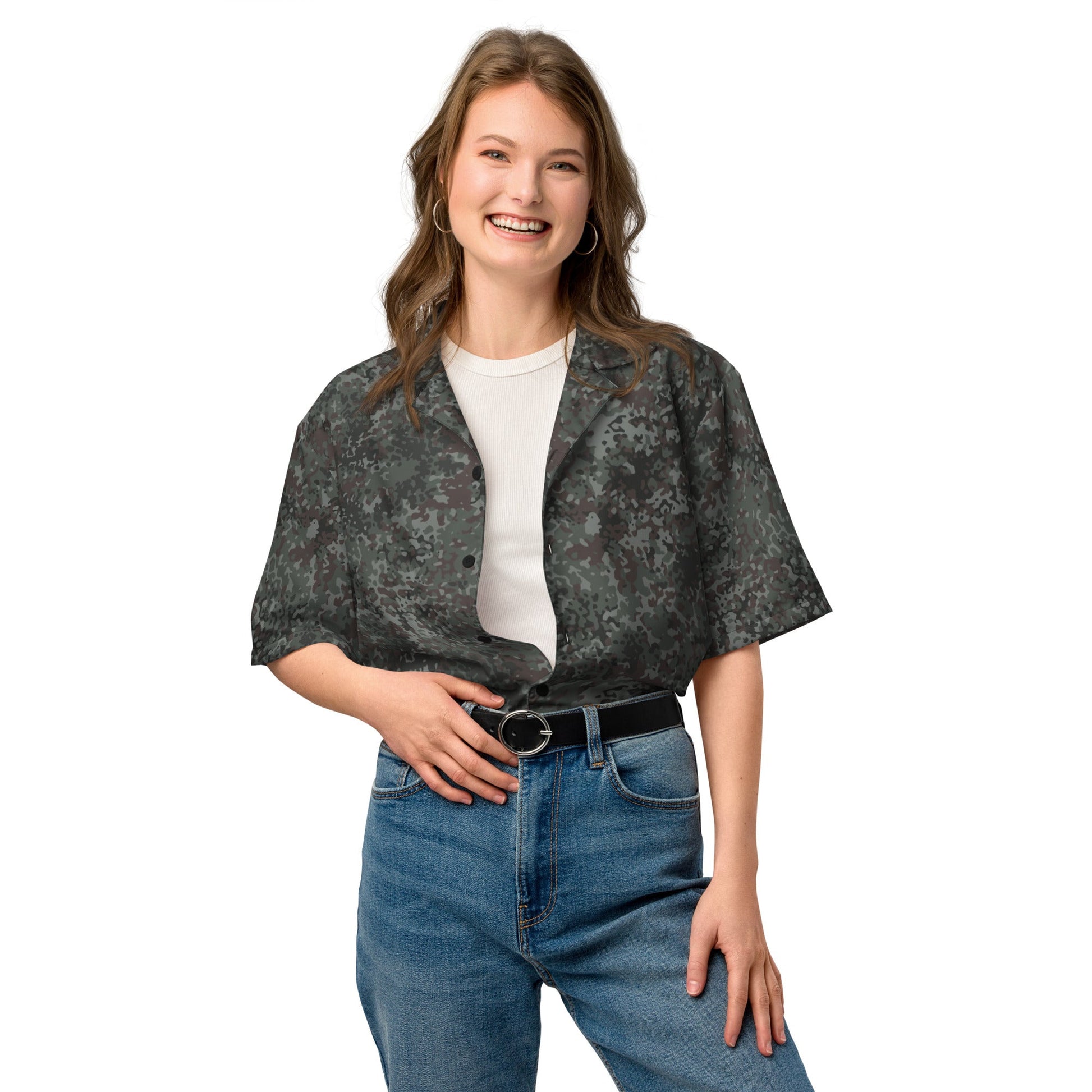German Flecktarn Night Ops CAMO Unisex Short-Sleeve Button Shirt