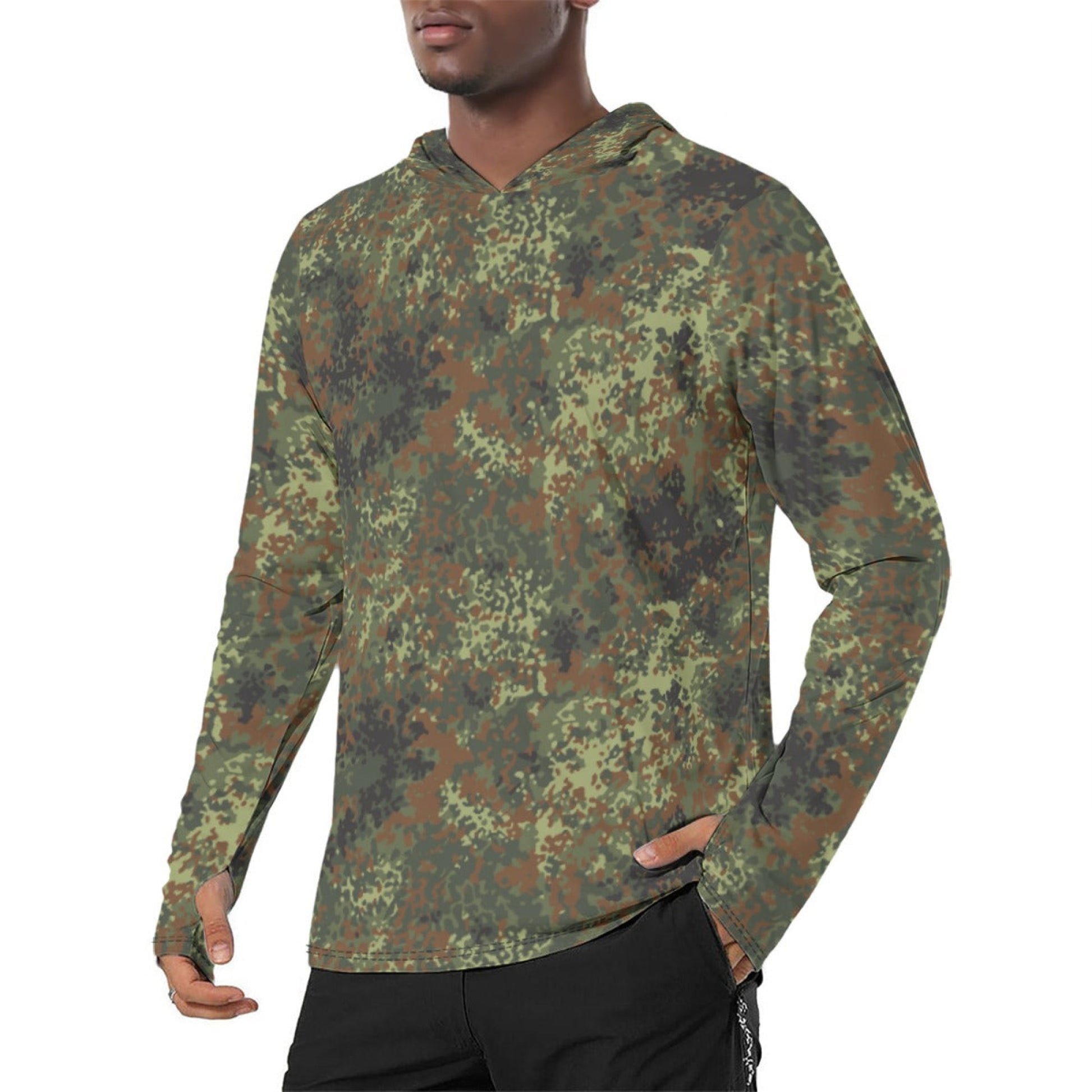 German Flecktarn Spring CAMO Mens Sunscreen Sports Hoodie With Thumb Holes