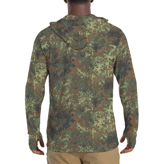 German Flecktarn Spring CAMO Mens Sunscreen Sports Hoodie With Thumb Holes - S / White