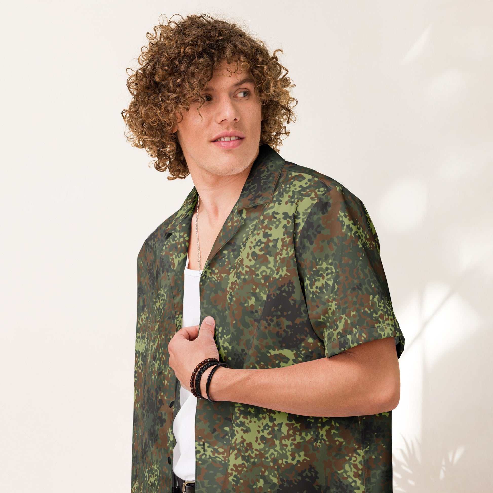 German Flecktarn Spring CAMO Unisex Short-Sleeve Button Shirt - 2XS