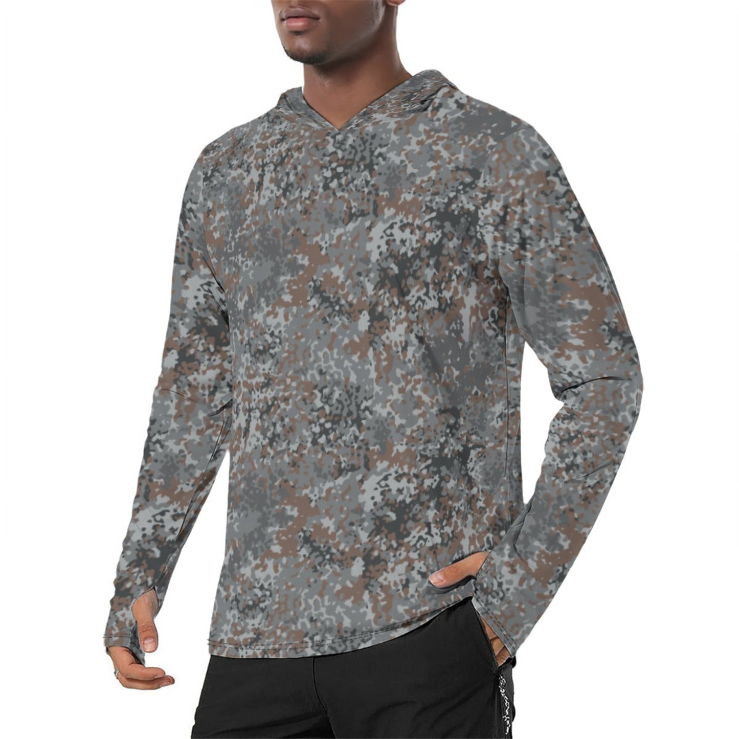 German Flecktarn Urban CAMO Mens Sunscreen Sports Hoodie With Thumb Holes - S / White