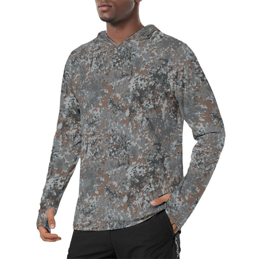 German Flecktarn Urban CAMO Mens Sunscreen Sports Hoodie With Thumb Holes - S / White