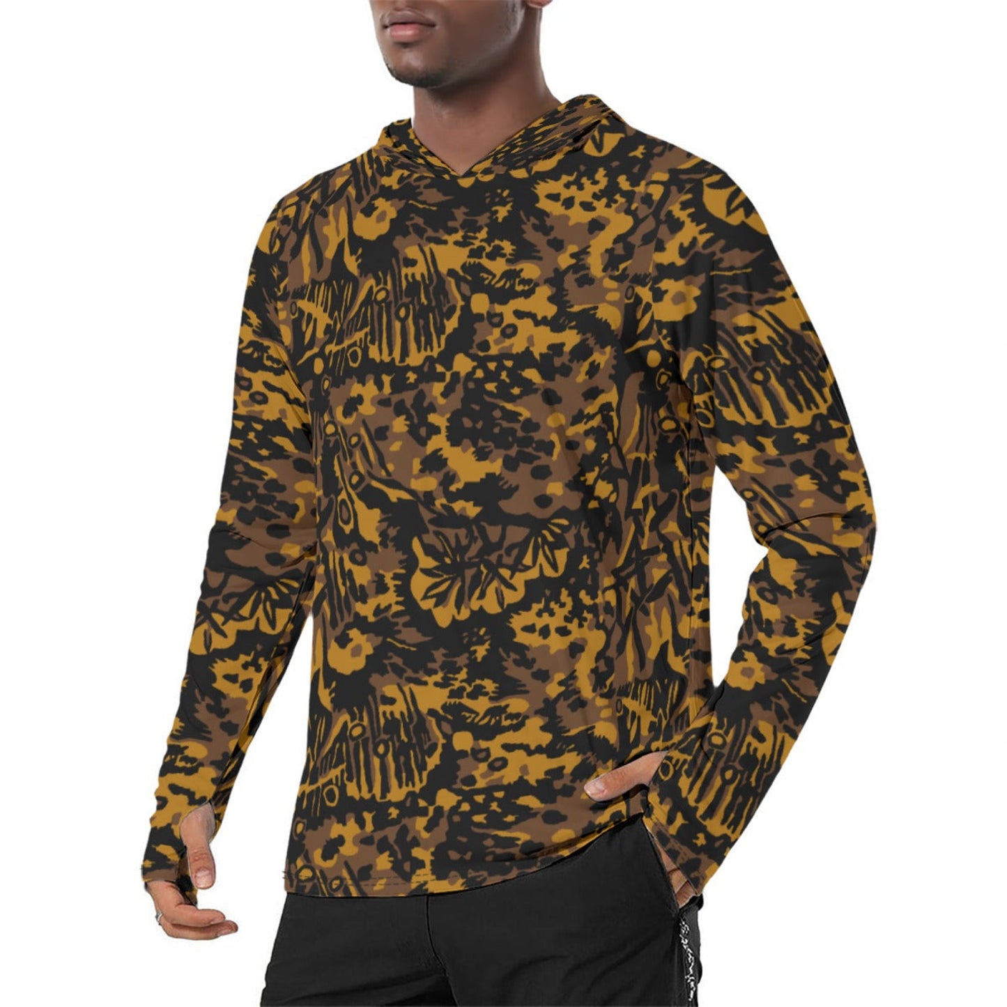 German Palm Tree Palmenmuster Autumn CAMO Mens Sunscreen Sports Hoodie With Thumb Holes
