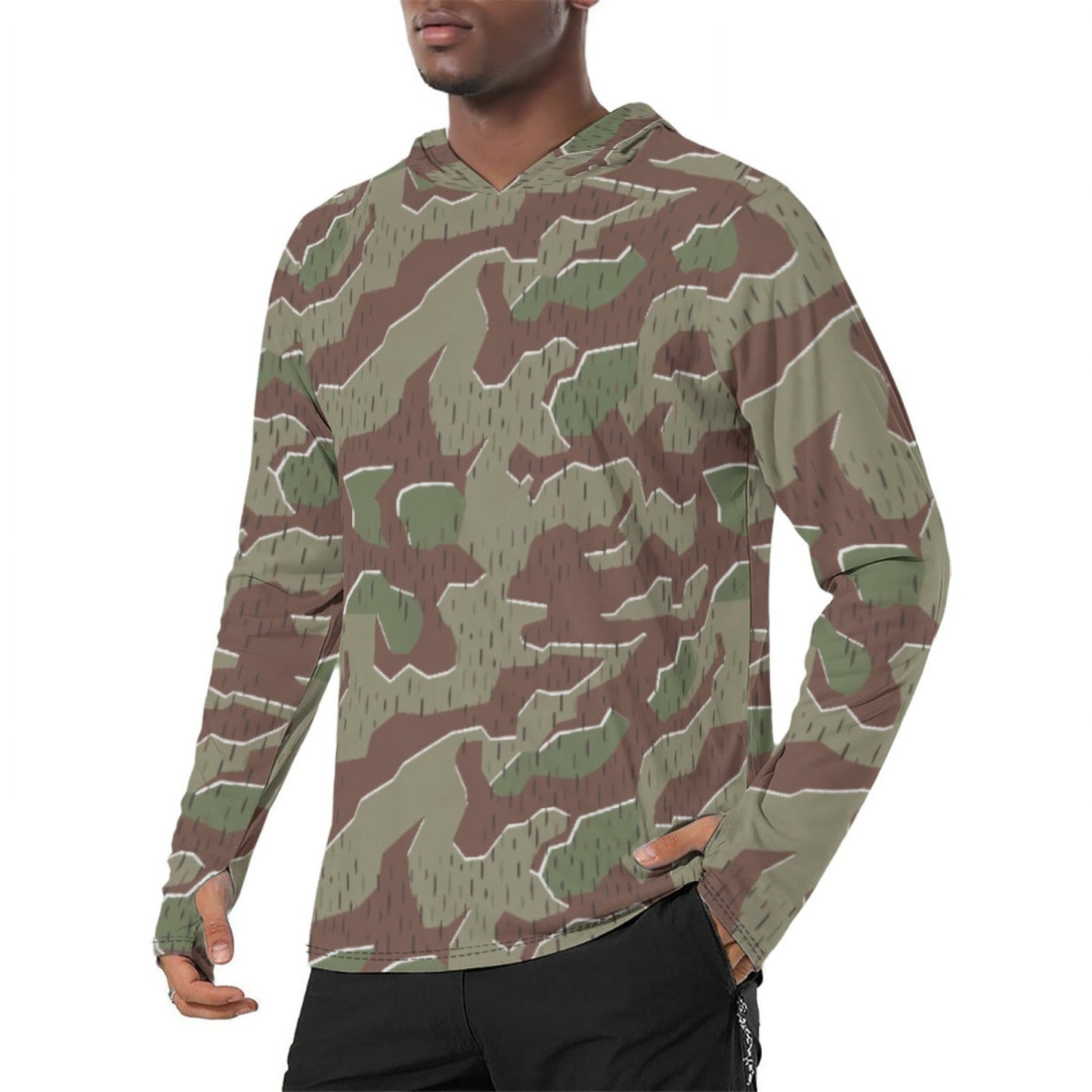 German Splittermuster Bundeswehr Paratrooper CAMO Mens Sunscreen Sports Hoodie With Thumb Holes - S / White