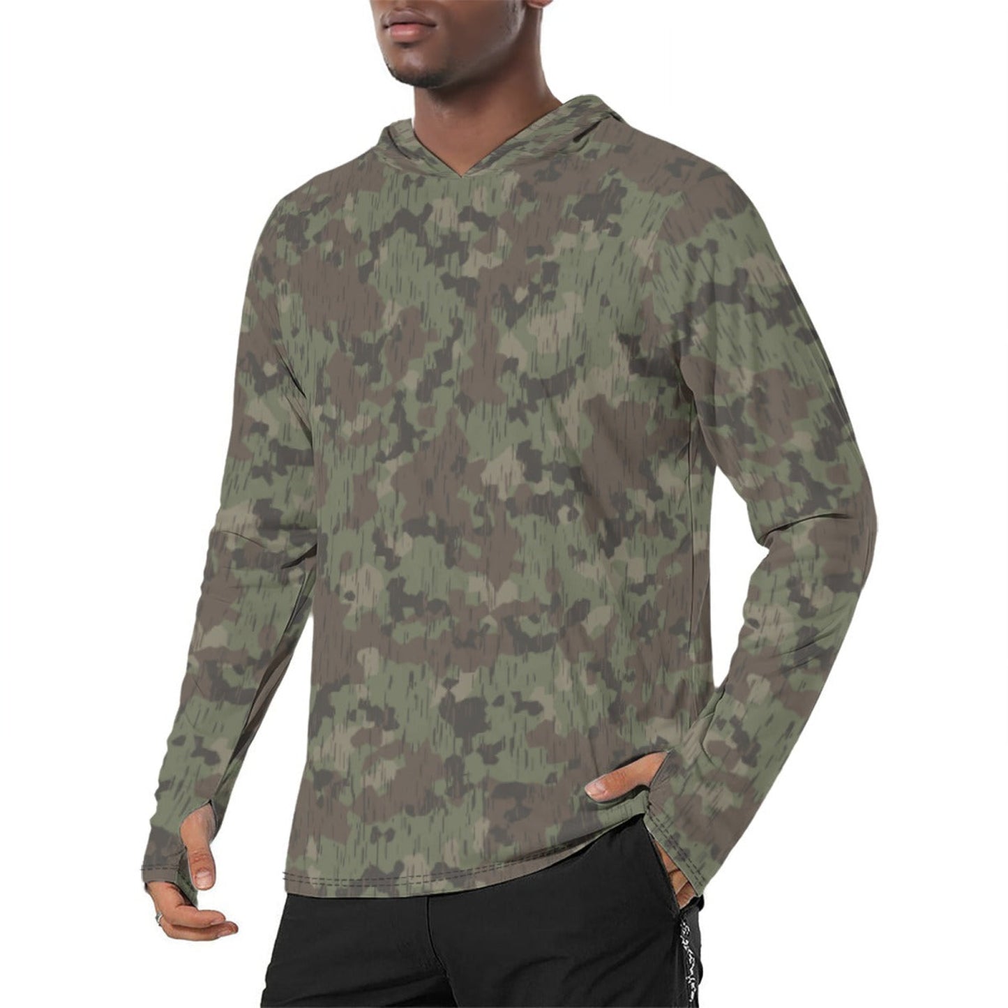 German Splittermuster Fractal Rain CAMO Mens Sunscreen Sports Hoodie With Thumb Holes - S / White - Hoodies