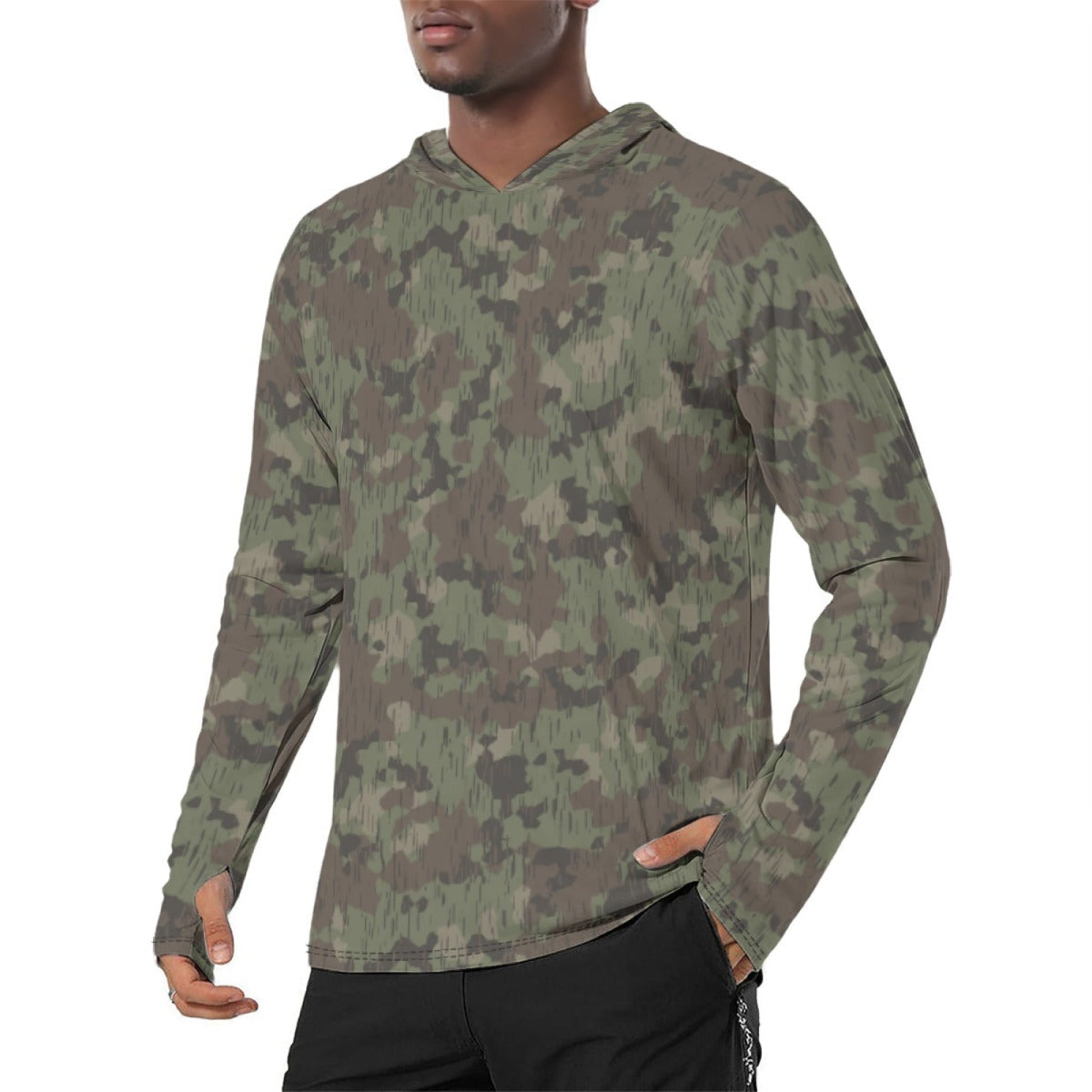 German Splittermuster Fractal Rain CAMO Mens Sunscreen Sports Hoodie With Thumb Holes - S / White - Hoodies