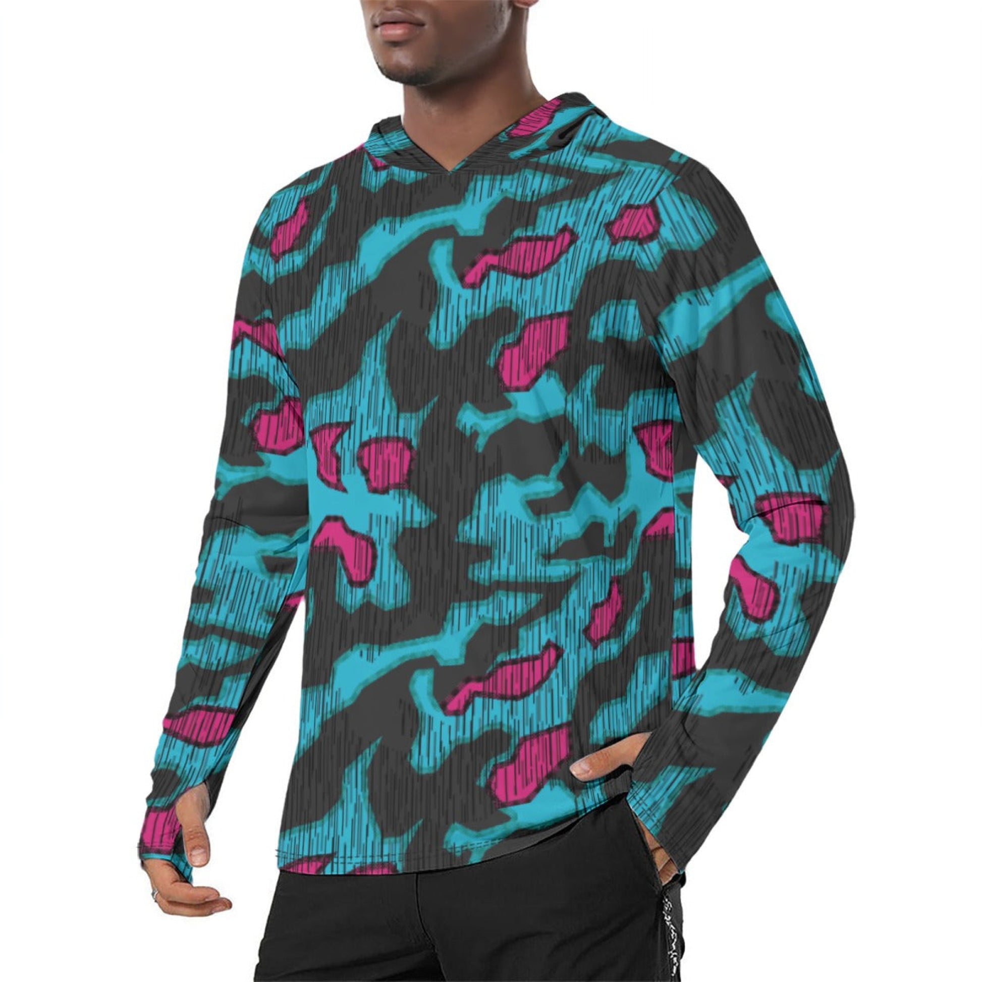 German Splittermuster Miami Urban CAMO Mens Sunscreen Sports Hoodie With Thumb Holes - S / White