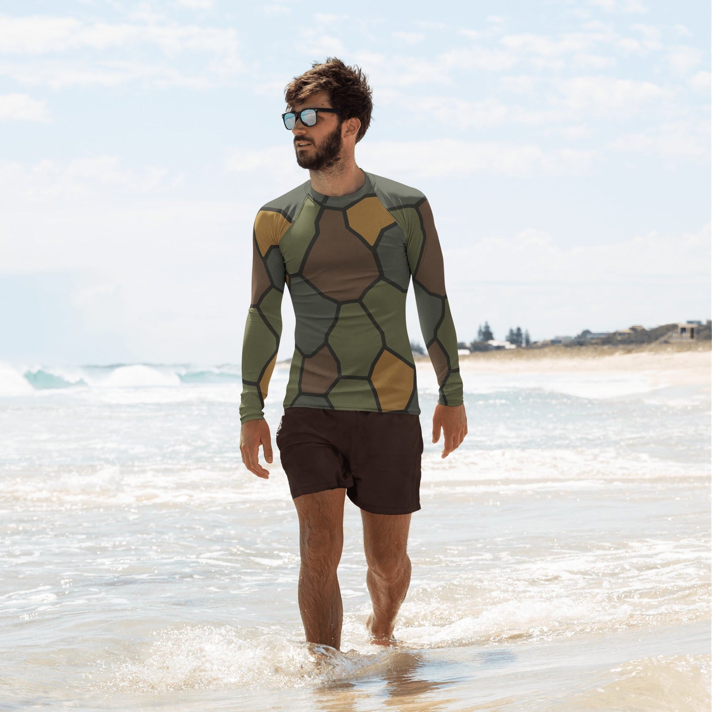 German World War I Turtle Shell Stahlhelm Helmet CAMO Mens Long-Sleeve Rash Guard - XS