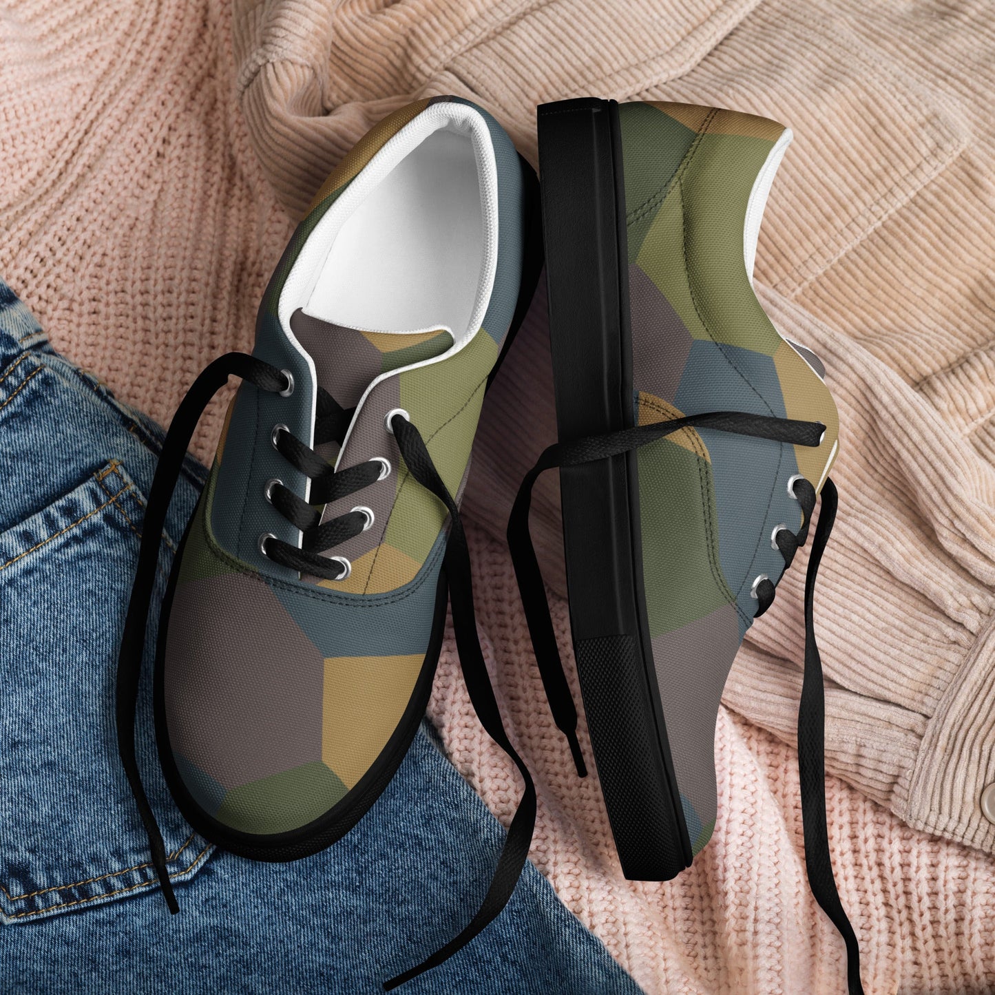 German WWI 5-Color Lozenge Aircraft CAMO Mens Lace-Up Canvas Shoes