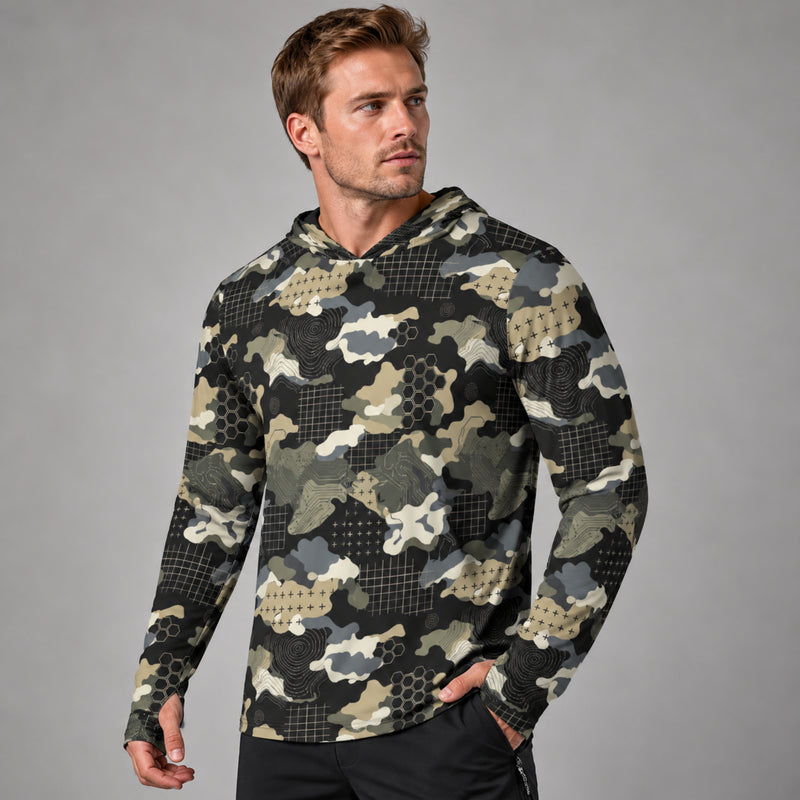 Gridveil Circuit Woodland CAMO Mens Sunscreen Sports Hoodie With Thumb Holes - S / White