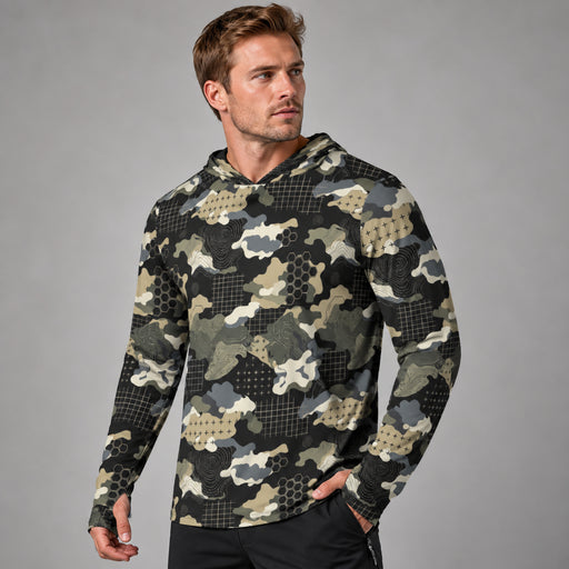 Gridveil Circuit Woodland CAMO Mens Sunscreen Sports Hoodie With Thumb Holes - S / White