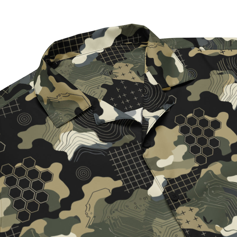 Gridveil Circuit Woodland CAMO Unisex Short-Sleeve Button Shirt - Button-Up