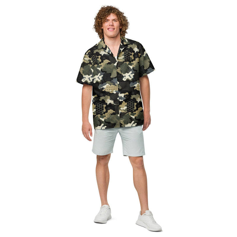 Gridveil Circuit Woodland CAMO Unisex Short-Sleeve Button Shirt - Button-Up