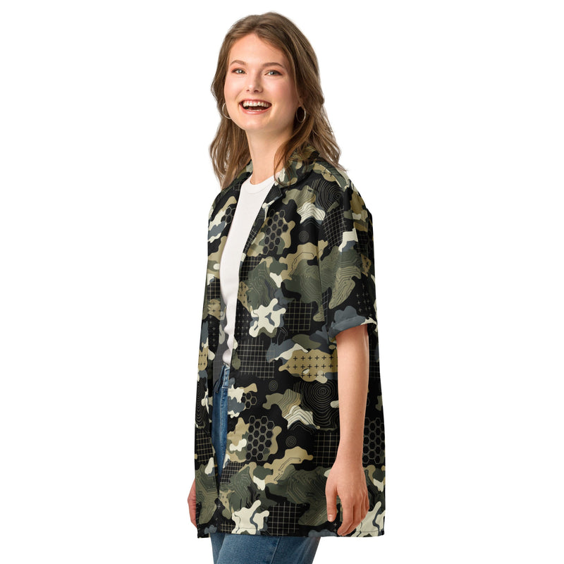 Gridveil Circuit Woodland CAMO Unisex Short-Sleeve Button Shirt - Button-Up