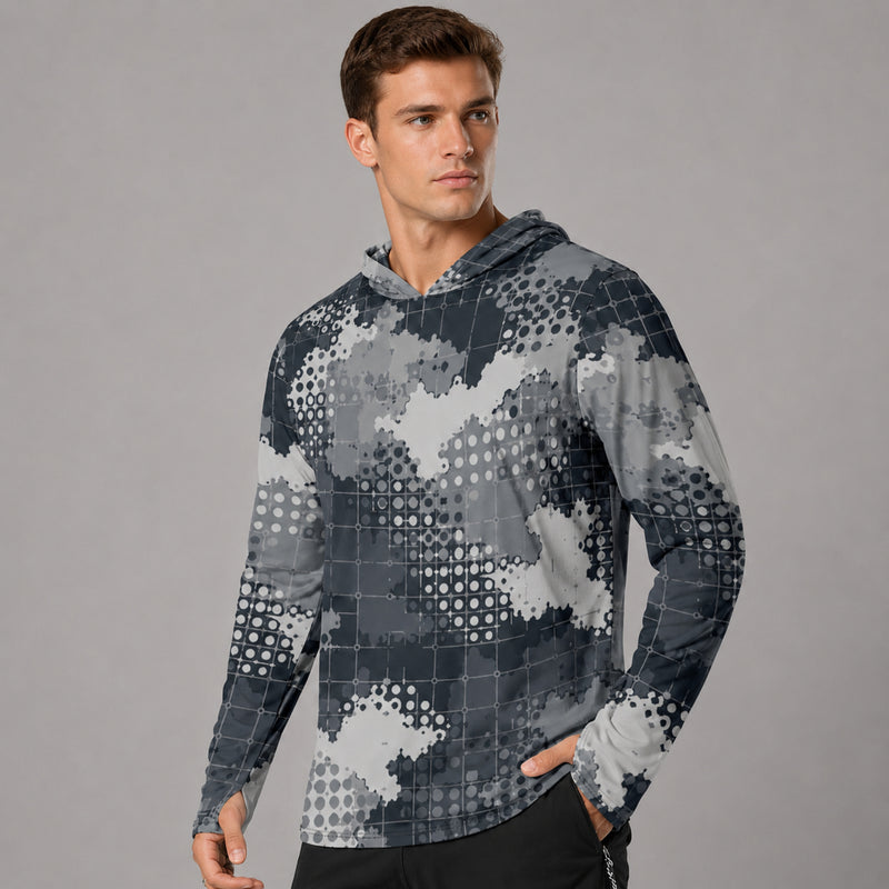 Gridveil Phantom Urban CAMO Mens Sunscreen Sports Hoodie With Thumb Holes - S / White