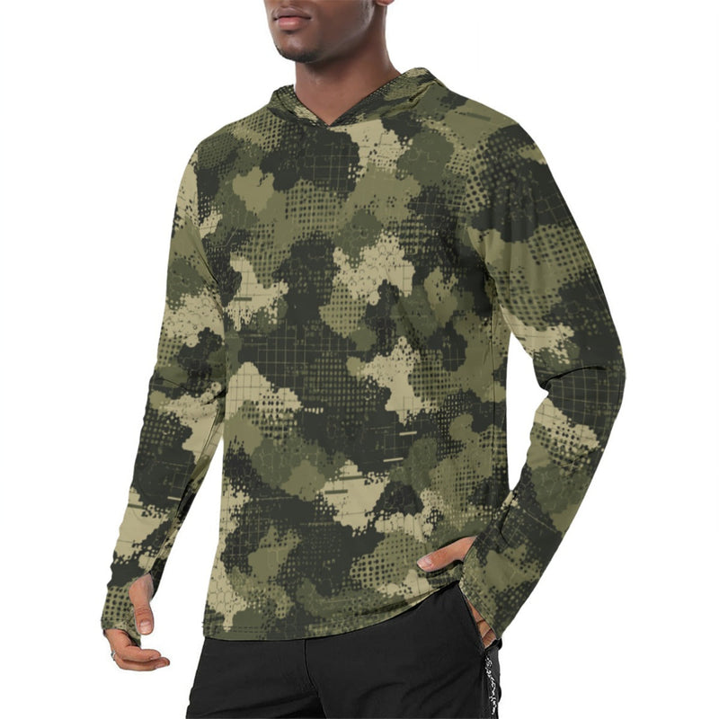 Gridveil Sentinel Olive CAMO Mens Sunscreen Sports Hoodie With Thumb Holes - S / White