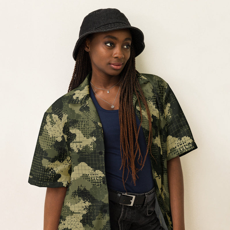 Gridveil Sentinel Olive CAMO Unisex Short-Sleeve Button Shirt - Button-Up