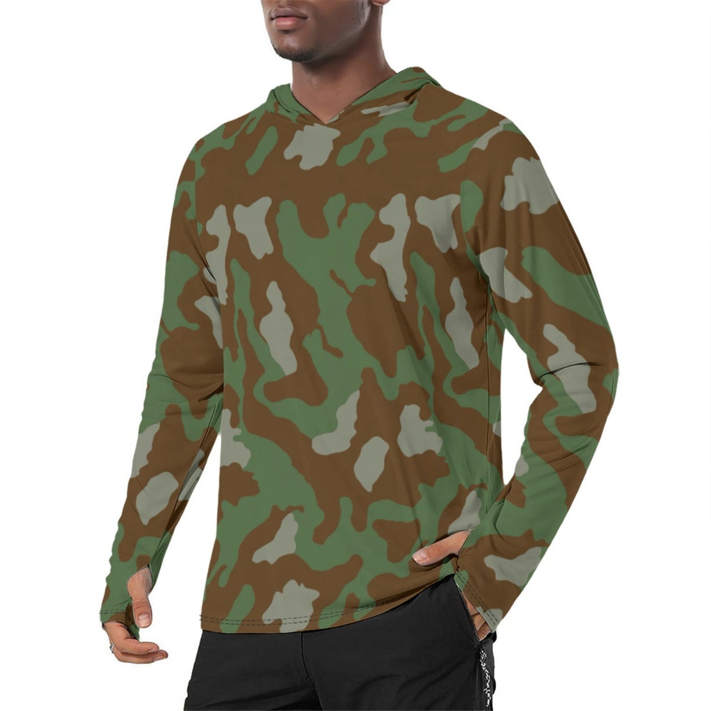Italian Telo Mimetico Woodland CAMO Mens Sunscreen Sports Hoodie With Thumb Holes - S / White