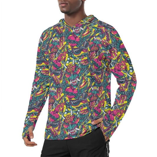 Kabuki Chaos CAMO Mens Sunscreen Sports Hoodie With Thumb Holes - S / White