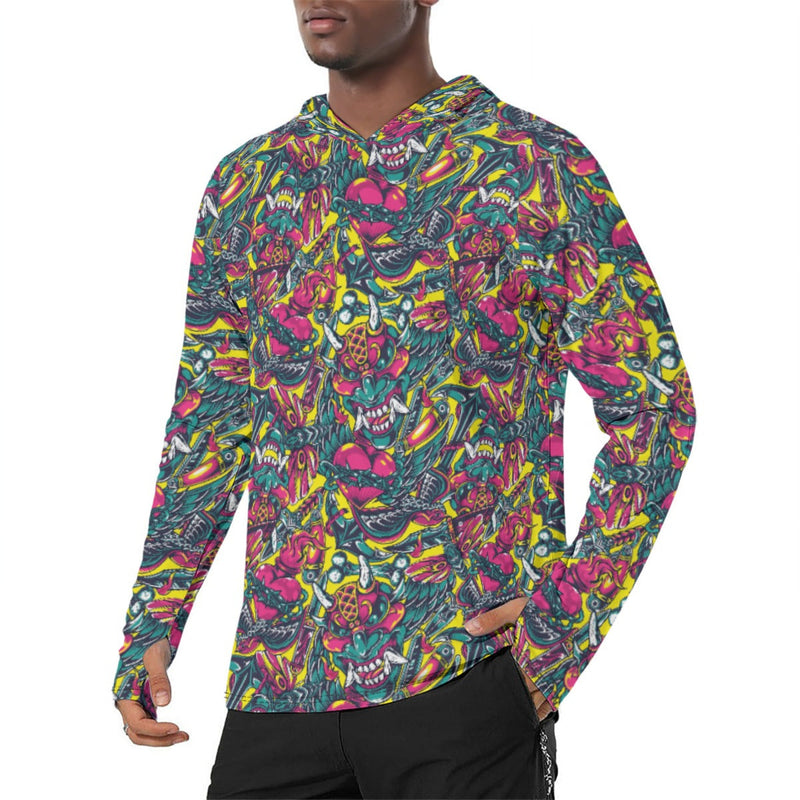 Kabuki Chaos CAMO Mens Sunscreen Sports Hoodie With Thumb Holes - S / White