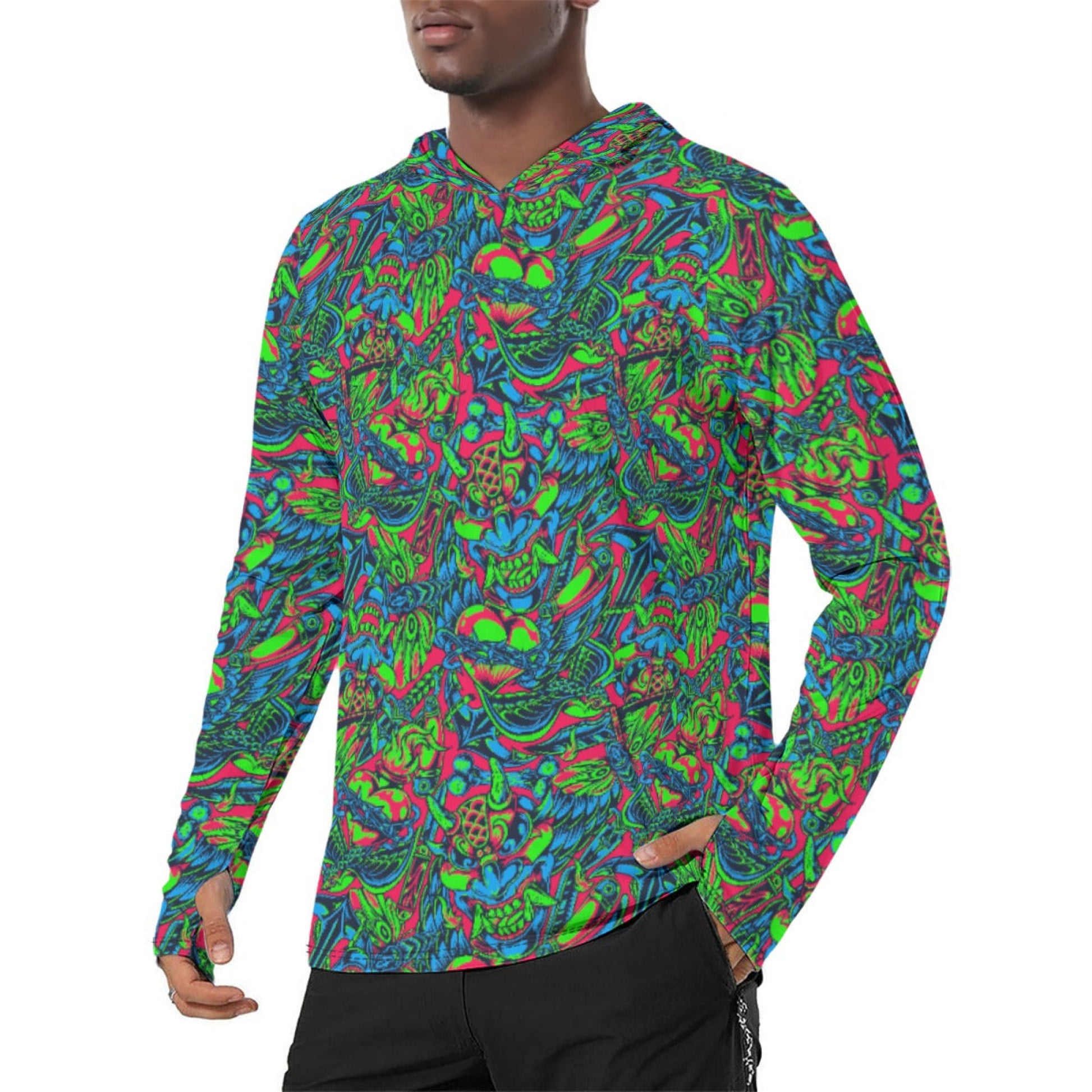 Kabuki Phantom Neon CAMO Mens Sunscreen Sports Hoodie With Thumb Holes - S / White - Hoodies
