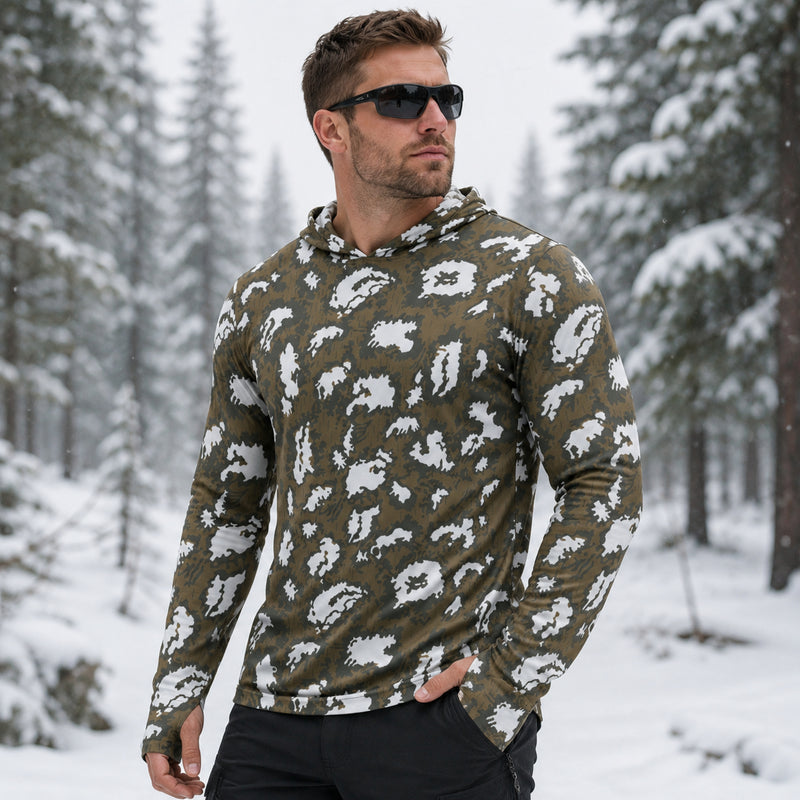 KLMK Red Dawn CAMO Mens Sunscreen Sports Hoodie With Thumb Holes - S / White