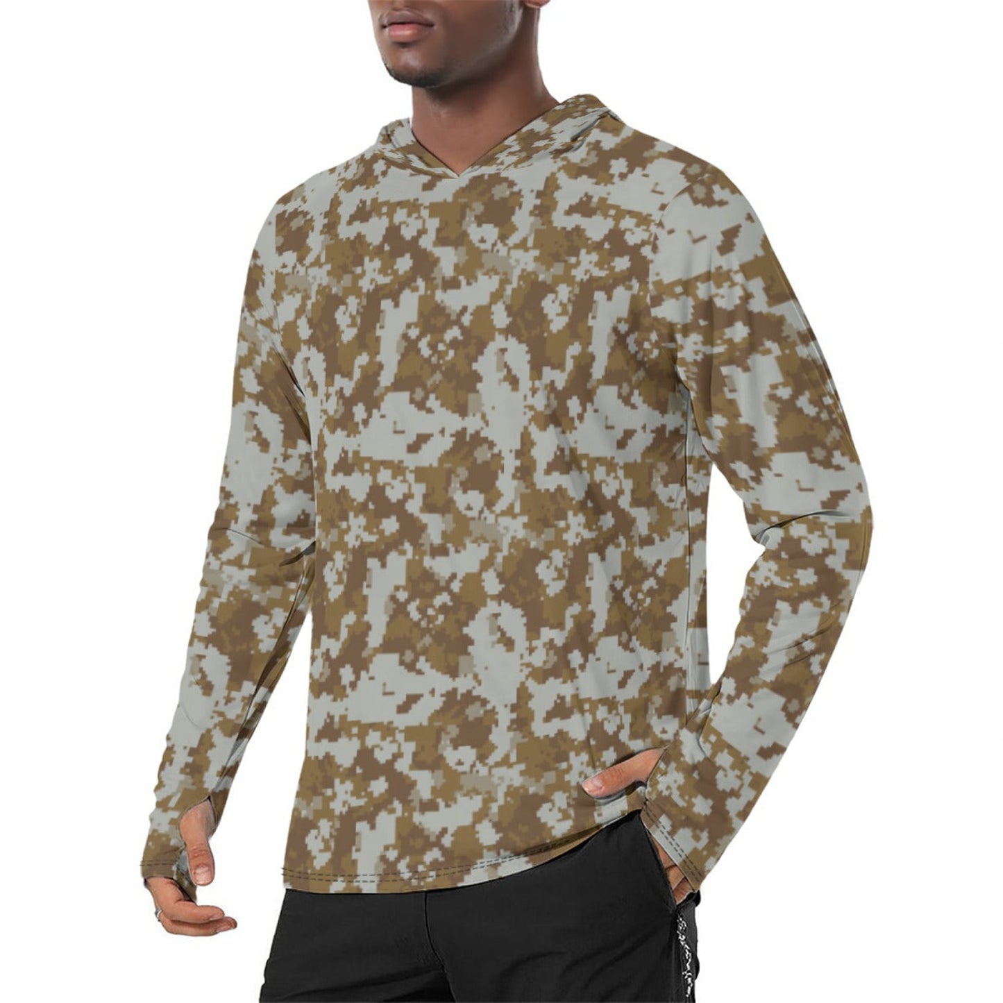 Mexican Naval Infantry Digital Desert CAMO Mens Sunscreen Sports Hoodie With Thumb Holes - S / White