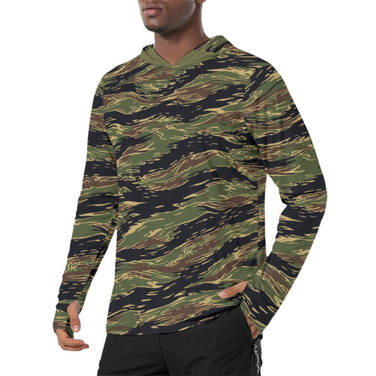 Midnight Fang Tiger Stripe CAMO Mens Sunscreen Sports Hoodie With Thumb Holes - S / White