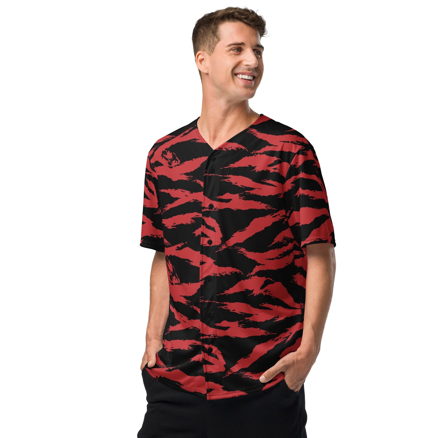 Modern Warfare Tiger Stripe Red and Black CAMO baseball jersey - Baseball Jerseys