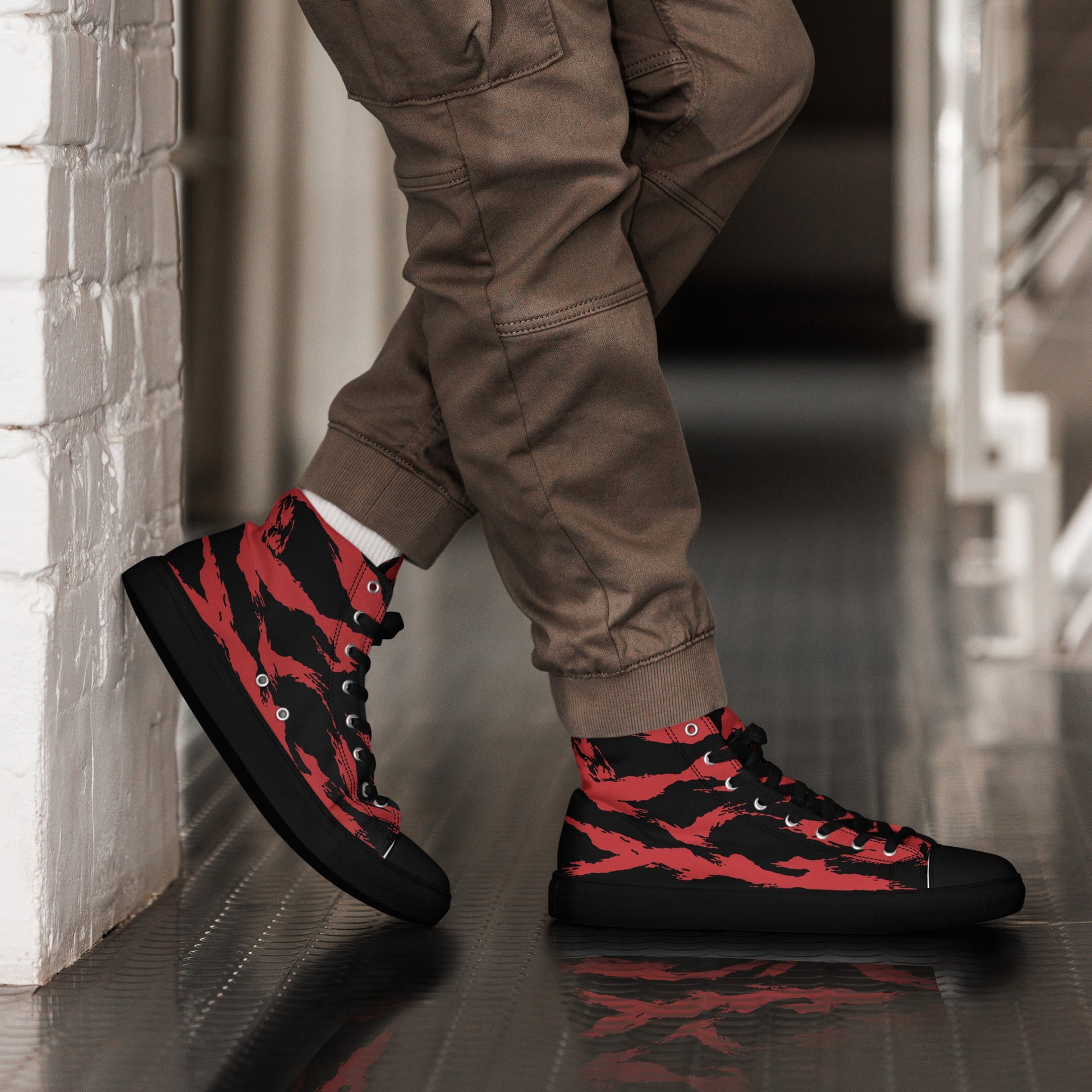 Modern Warfare Tiger Stripe Red and Black CAMO Mens high top canvas shoes - 5 - High Top Canvas Shoes