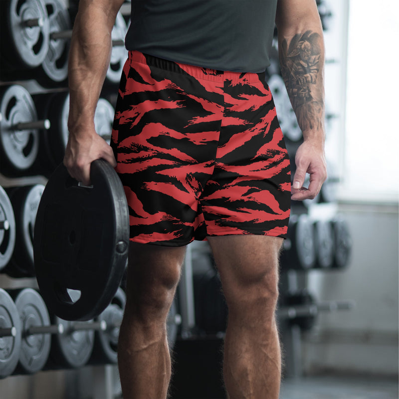 Tiger Stripe Crimson CAMO Unisex Athletic Long Shorts - 2XS