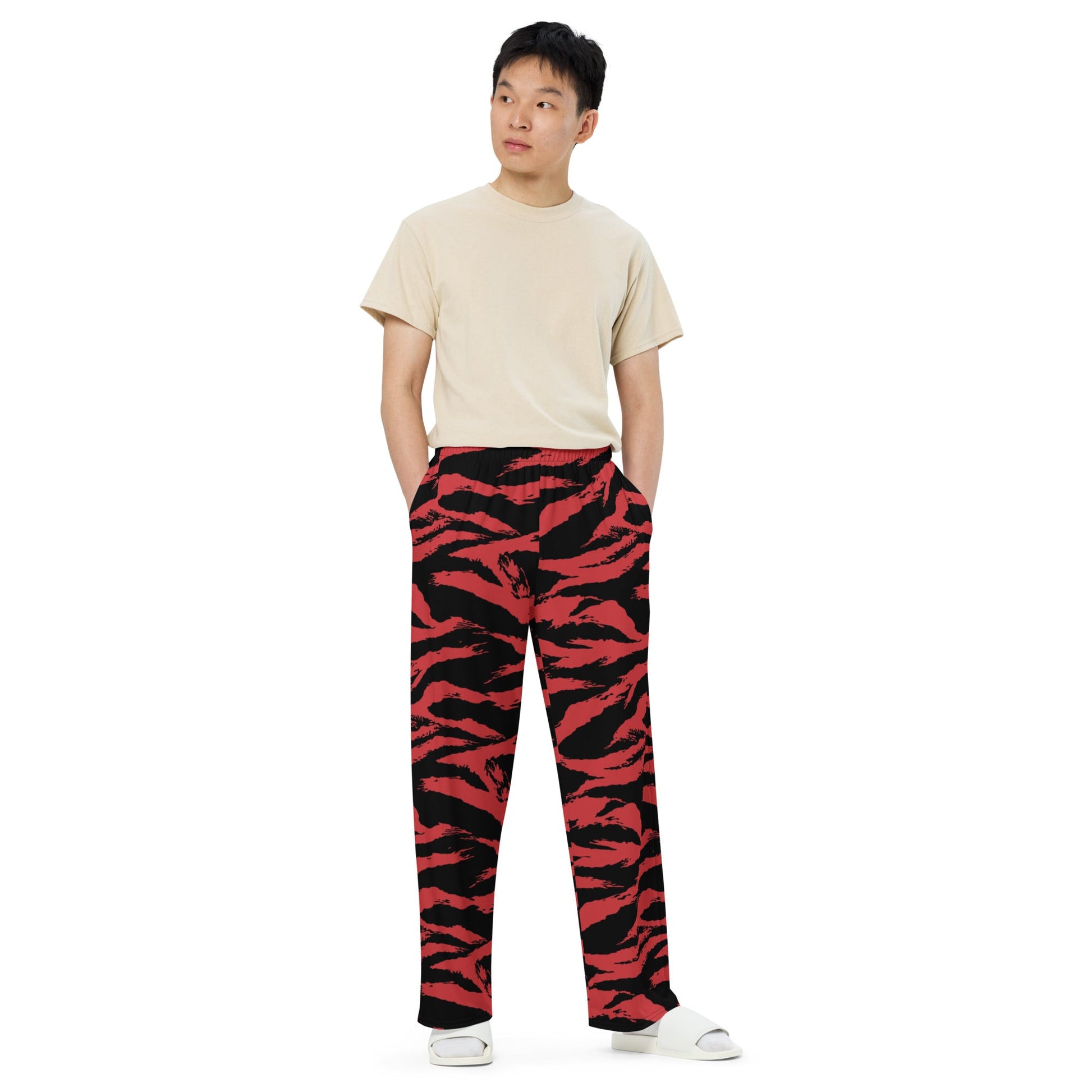 Modern Warfare Tiger Stripe Red and Black CAMO unisex wide-leg pants - Wide-leg Pants