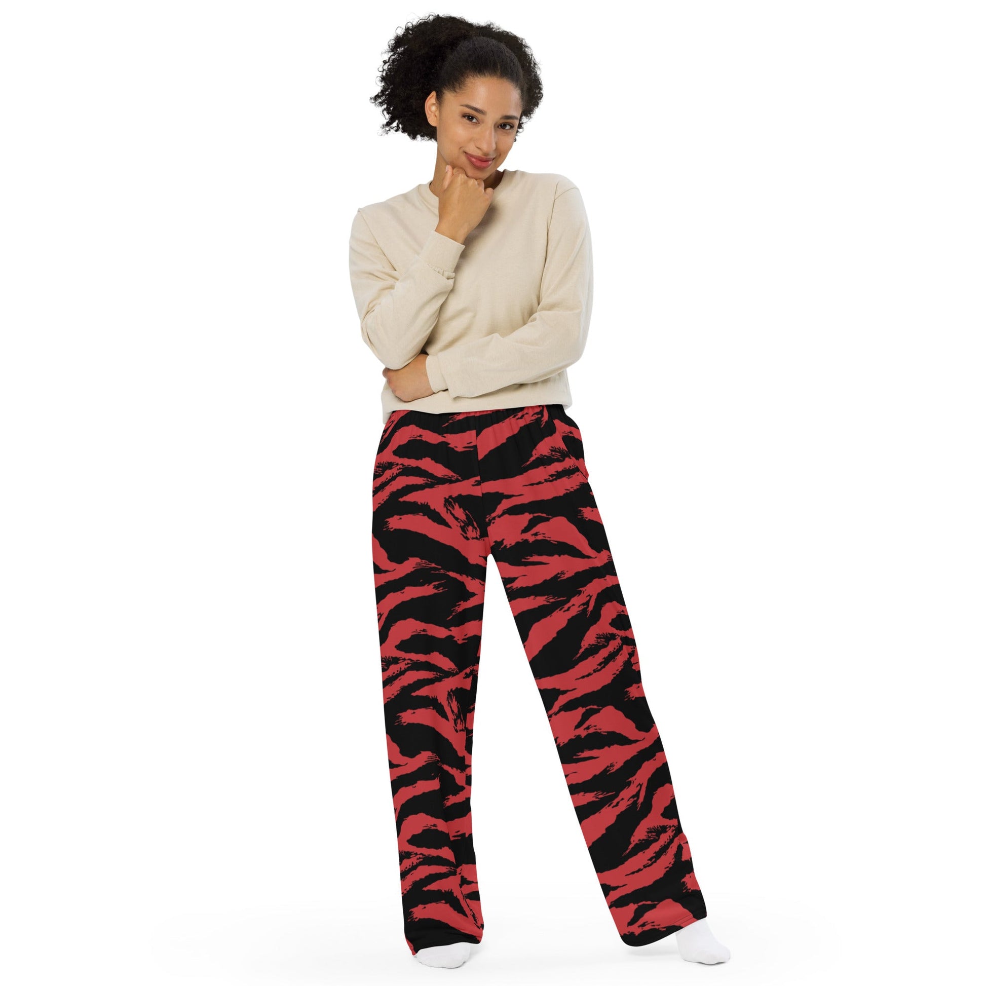 Modern Warfare Tiger Stripe Red and Black CAMO unisex wide-leg pants - Wide-leg Pants