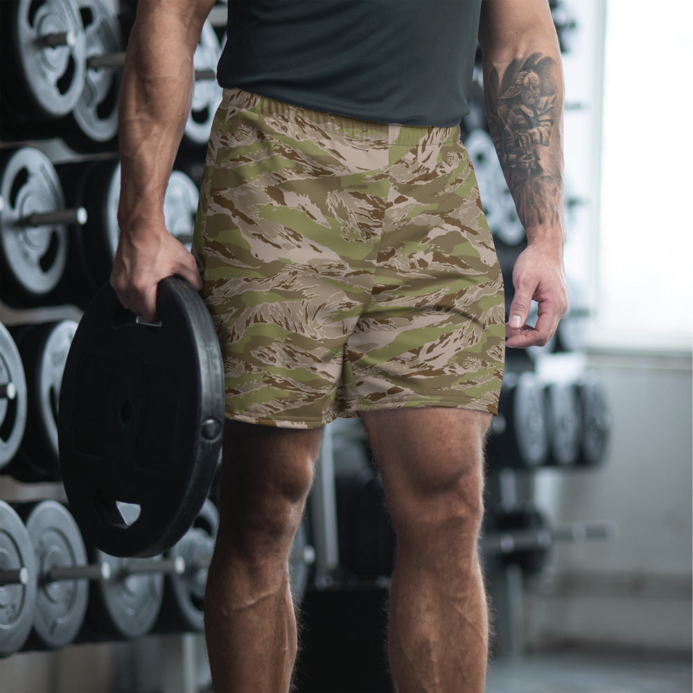 Multi-terrain Tiger Stripe Arid CAMO Unisex Athletic Long Shorts - 2XS