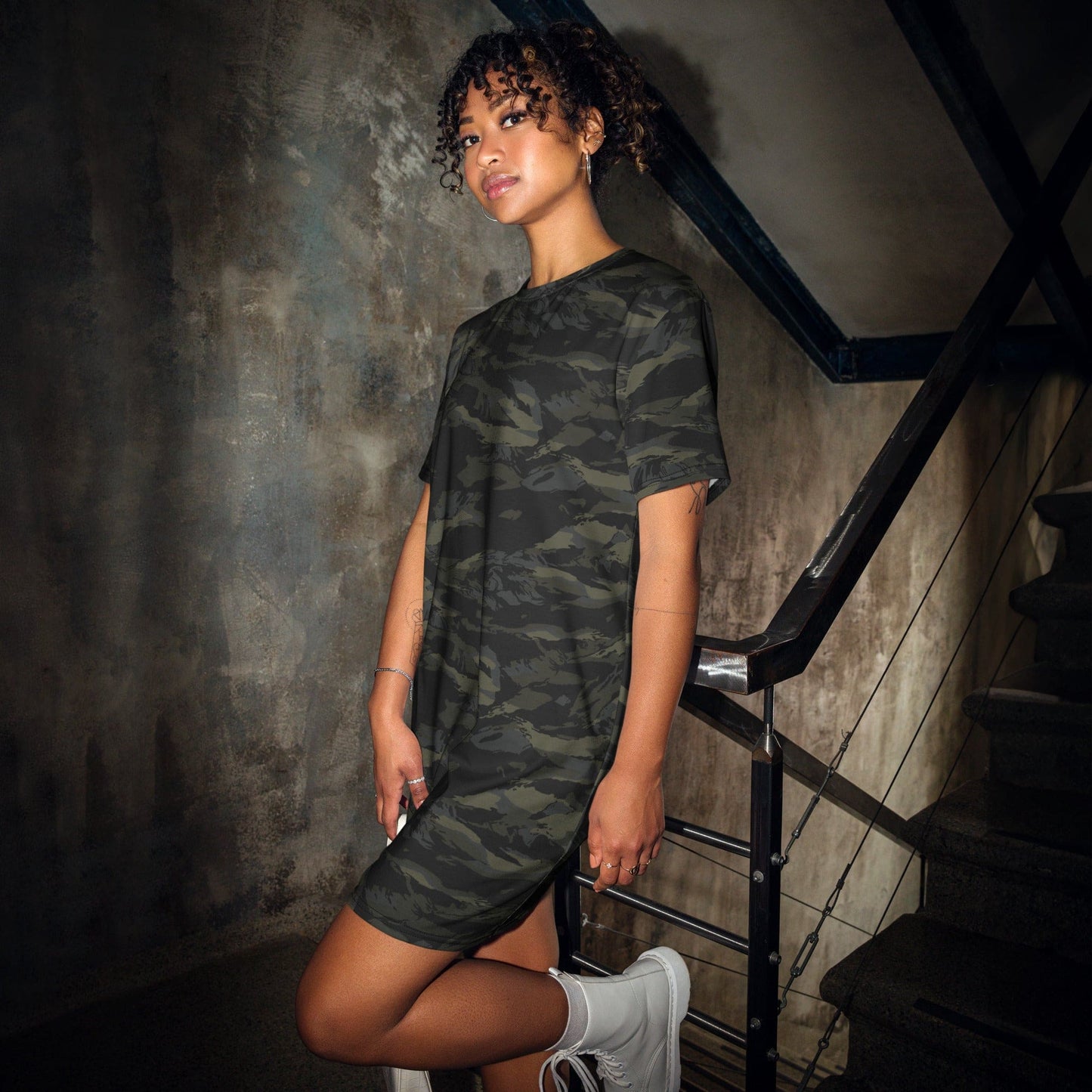 Multi-terrain Tiger Stripe Black CAMO T-shirt dress - 2XS - Womens T-Shirt Dress