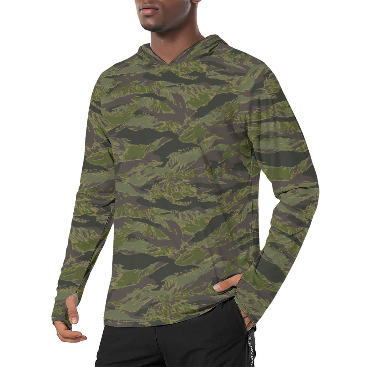 Multi-terrain Tiger Stripe Tropical CAMO Men’s Sunscreen Sports Hoodie With Thumb Holes - S / White - Mens