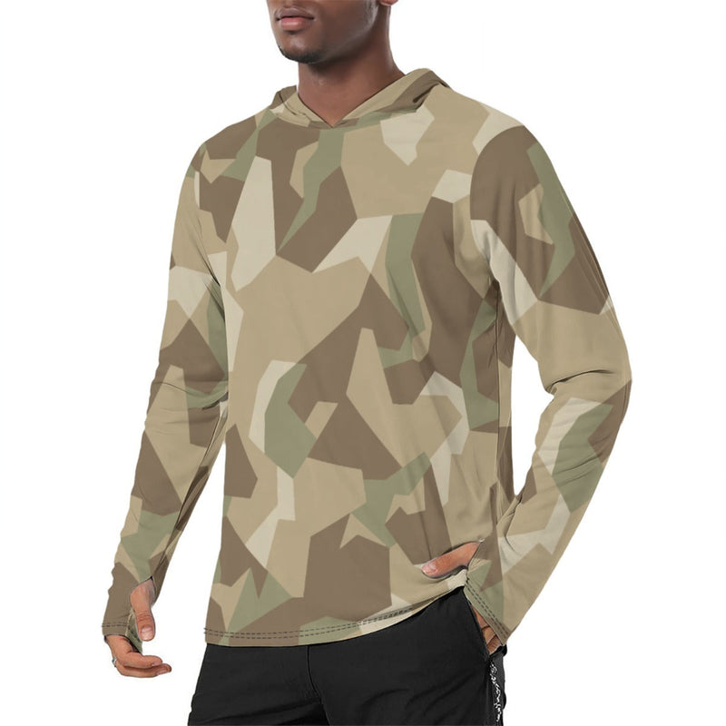 Nordic Leaf Pile Desert CAMO Mens Sunscreen Sports Hoodie With Thumb Holes - S / White