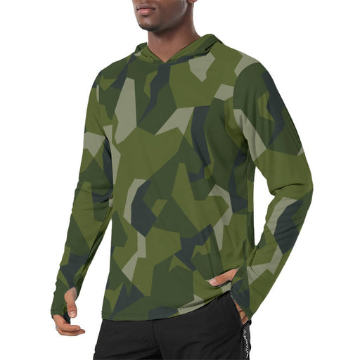Nordic Leaf Pile Woodland CAMO Mens Sunscreen Sports Hoodie With Thumb Holes - S / White
