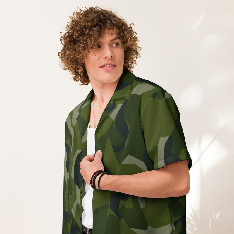 Nordic Leaf Pile Woodland CAMO Unisex Short-Sleeve Button Shirt - 2XS - Button-Up
