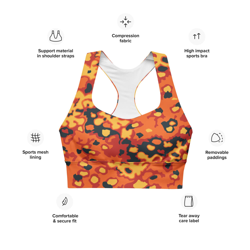 Oakleaf Glow-Oak Hunter Orange CAMO Longline sports bra - Womens Sports Bra