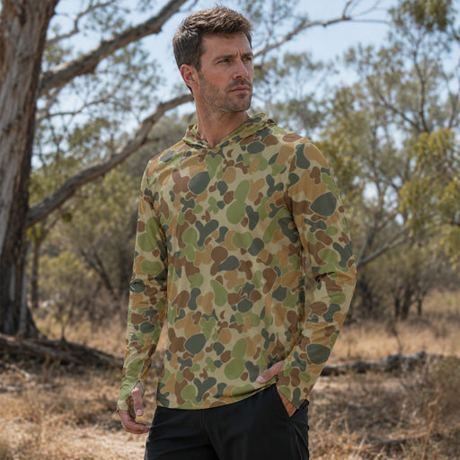 Outback Drift Disruptive CAMO Mens Sunscreen Sports Hoodie With Thumb Holes - S / White