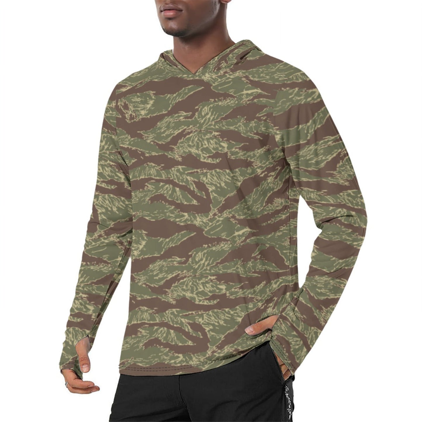 Rhodesian Tiger Stripe CAMO Mens Sunscreen Sports Hoodie With Thumb Holes - S / White