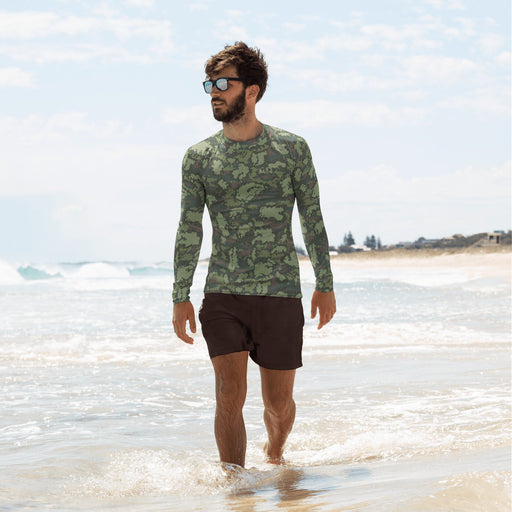 KLMK Red Dawn Woodland CAMO Mens Long-Sleeve Rash Guard - XS
