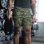 KLMK Red Dawn Woodland CAMO Unisex Athletic Long Shorts - 2XS