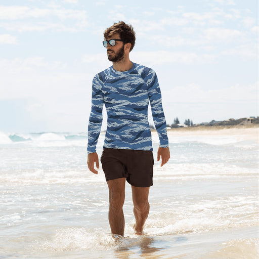 Tiger Stripe Kamysh Blue CAMO Mens Long-Sleeve Rash Guard - XS